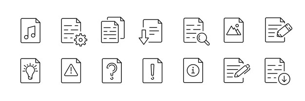 Gestión de documentos conjunto de iconos de esquema de estilo lineal archivo y organización de datos símbolos de nota de música documento pila de engranajes descarga flecha búsqueda lápiz imagen bombilla