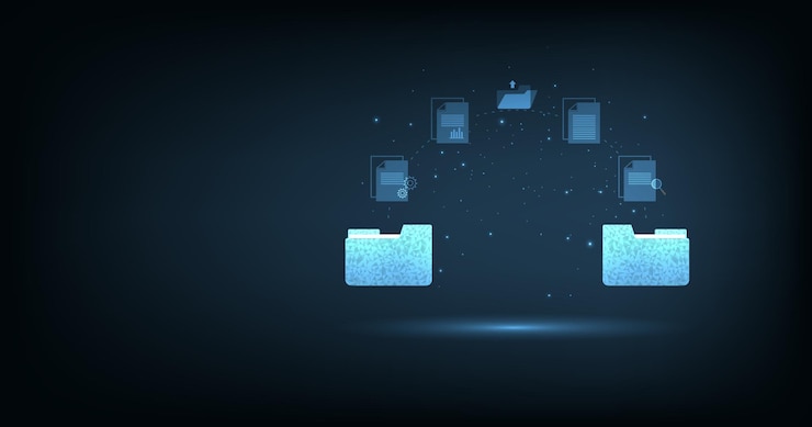 Vector gestión de documentos y transferencia de datos a través de tecnología en la nube intercambie datos con tecnología moderna de internet sobre fondo azul oscuro concepto de reubicación del sistema de datos de archivos