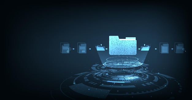 Gestión de documentos y transferencia de datos a través de tecnología en la nube Intercambie datos con tecnología moderna de Internet sobre fondo azul oscuro Concepto de reubicación del sistema de datos de archivos