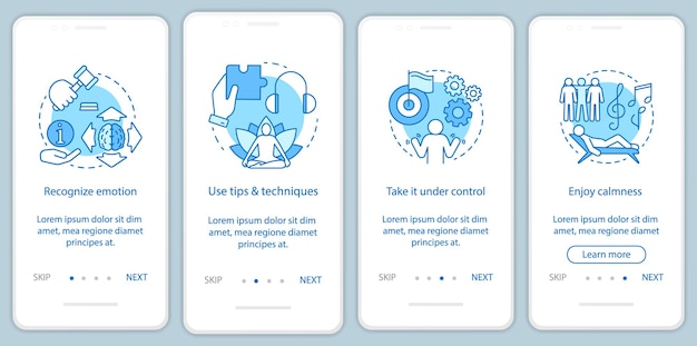 Gestión de emociones, plantilla de vector de pantalla de página de aplicación móvil incorporada. reconoce, usa consejos, disfruta de la tranquilidad. pasos del sitio web paso a paso con ilustraciones lineales. concepto de interfaz de teléfono inteligente ux, ui, gui