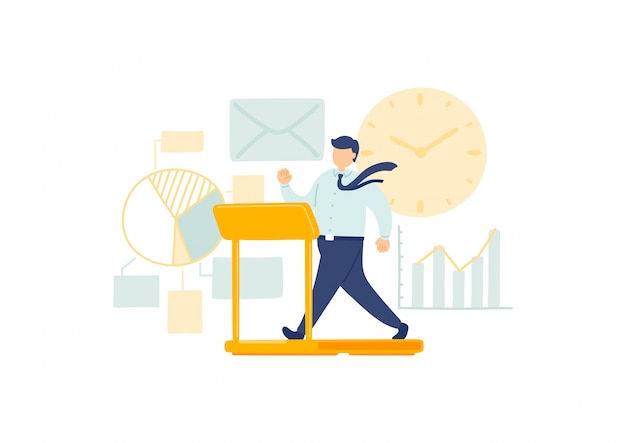 Gestión del empleado en el tiempo de trabajo, personal en miniatura que las personas pequeñas corren en el reloj, concepto de metáfora empresarial Cartel o diseño de banner social, ilustración aislada sobre fondo blanco