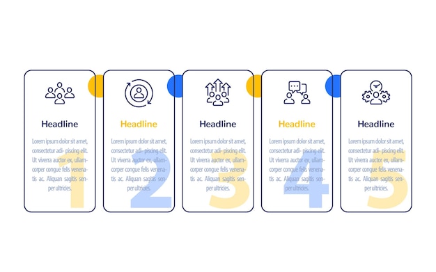 Gestión de equipos, recursos humanos, personas, infografías de negocios, diseño de banner de 1, 2, 3, 4, 5 pasos con iconos de línea