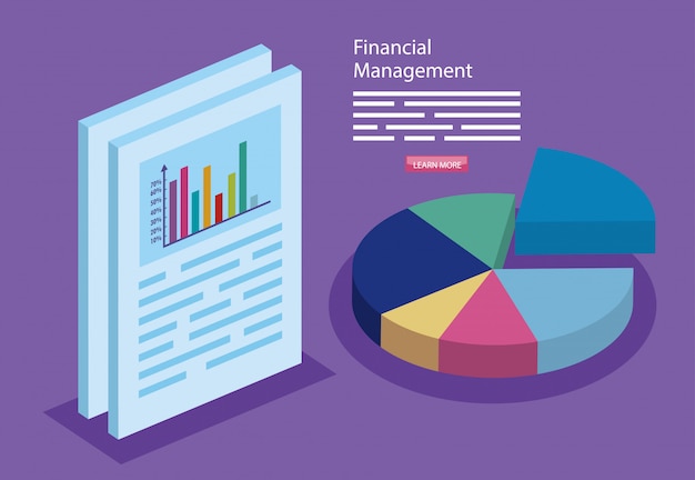 Vector gestión financiera con infografías y documentos.