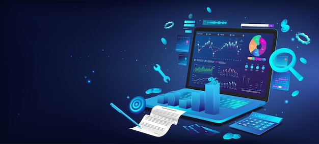 Vector gestión financiera panel de negocios en una computadora portátil 3d con aspectos de análisis de negocios