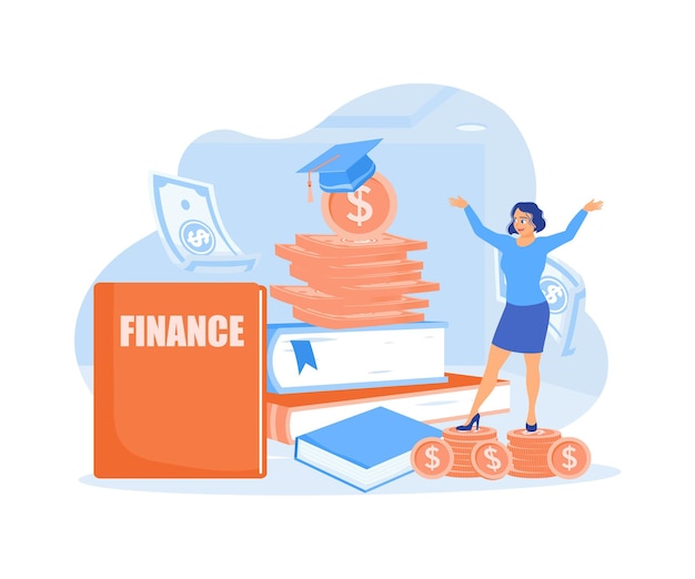 Gestión financiera personal Mujer joven invierte dinero en educación Concepto de educación financiera Ilustración de vector plano