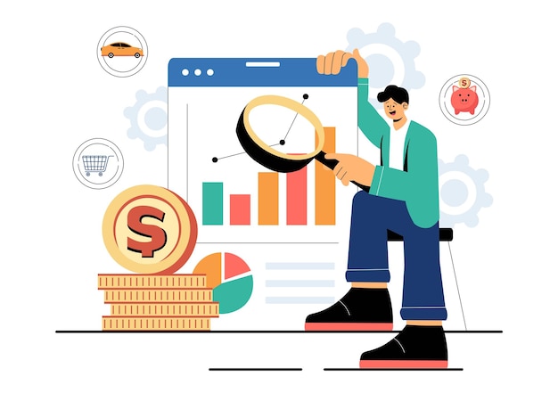 Gestión de las finanzas personales Ilustración vectorial que representa los hábitos de gasto de dinero Planificación de compras Establecimiento de objetivos financieros y gestión del presupuesto