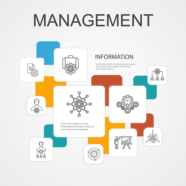 Gestión de infografía 10 iconos de línea template.manager, control, organización, iconos de presentación