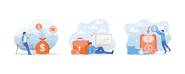 Gestión de los ingresos de la empresa Desarrollo de las inversiones Gerencia de los gastos diarios Concepto de ahorro de dinero Ilustración de vector plano establecido