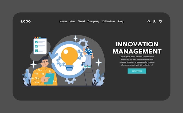 gestión de la innovación noche o modo oscuro web o página de aterrizaje mejora continua e ideación en