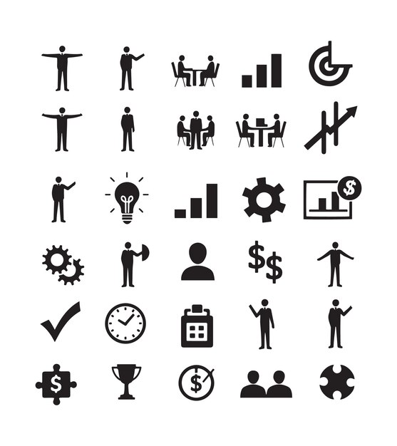 Gestión de negocios Icon Set Diseño plano Estrategia Liderazgo Planificación Productividad Iconas Vector