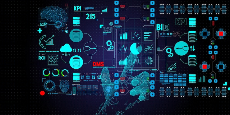 Vector gestión de procesos de análisis de datos comerciales con la mano del hombre de negocios tocando engranajes conectados kpi