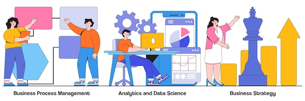Gestión de procesos empresariales, análisis y ciencia de datos, concepto de estrategia empresarial con personas diminutas. Organización del flujo de trabajo, análisis estadístico, conjunto de ilustraciones vectoriales abstractas de planificación corporativa.