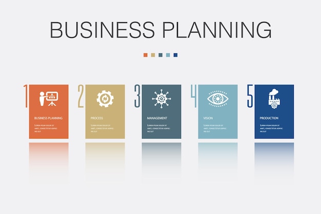 Gestión de procesos de planificación empresarial iconos de producción de visión Plantilla de diseño infográfico Concepto creativo con 5 pasos