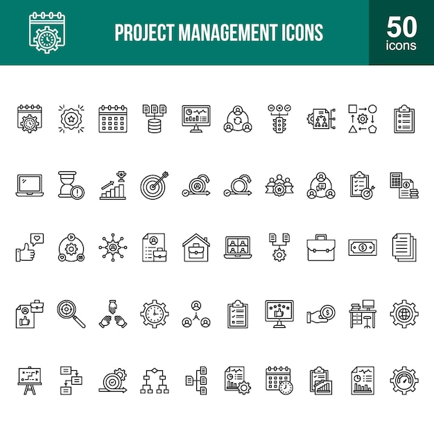 Vector gestión de proyectos 50 paquete de iconos de líneas vectoriales