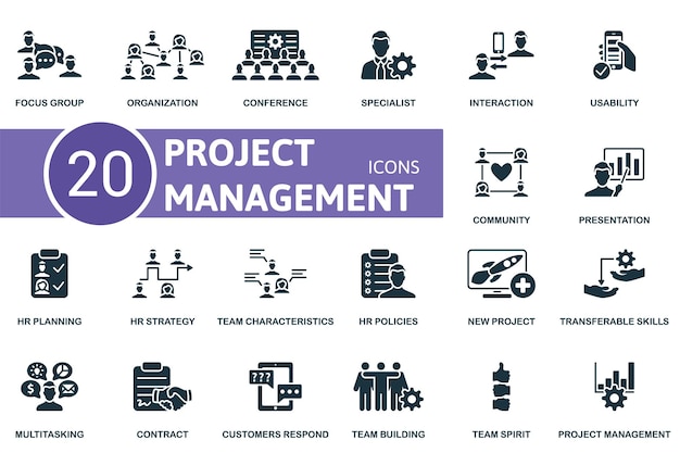 Gestión de proyectos grupo de enfoque de iconos de línea delgada
