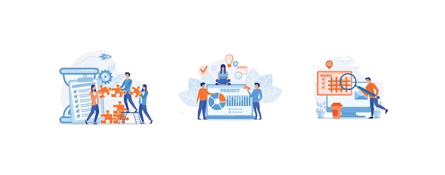 Gestión de proyectos organización del flujo de trabajo Análisis y desarrollo de marketing Seguimiento de proyectos conjunto vector plano ilustración moderna