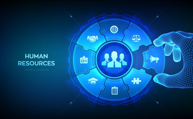 Gestión de recursos humanos reclutamiento empleo caza de cabezas Red social humana y liderazgo Wireframe mano coloca un elemento en una composición visualizando HR Ilustración vectorial