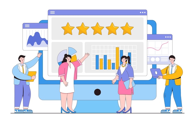 La gestión de la reputación en línea analiza la estrategia de comentarios para aumentar la satisfacción y ganar conceptos de confianza del cliente El equipo de marketing supervisa la calificación de estrellas para desarrollar y mejorar el rango positivo de la marca