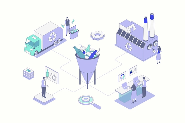 Vector gestión de residuos concepto isométrico en el esquema diseño de isometría para la web la gente que recoge la basura de eliminación reduce el plástico utilizando la separación de basura para el reciclaje del proceso de fábrica ilustración vectorial