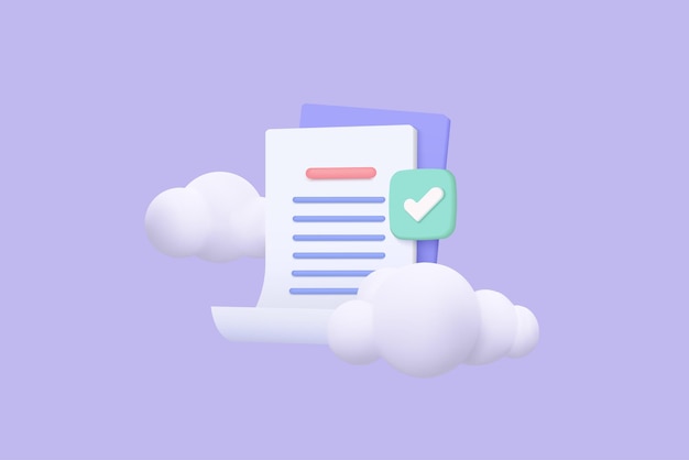 Gestión de tareas en 3D con cartón blanco todo lista de comprobación trabajo eficiente en el plan del proyecto progreso rápido nivel arriba asignación de concepto y documento de examen en icono de nube representación vectorial 3D en fondo de nube