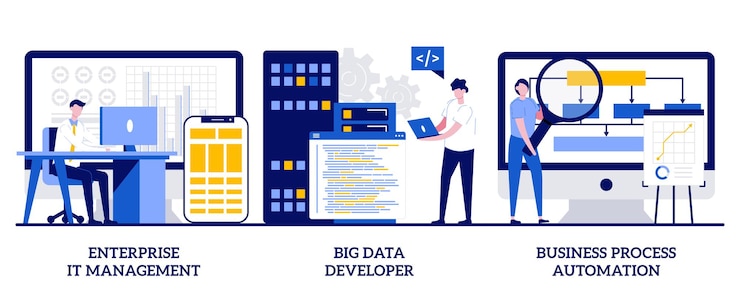 Vector gestión de ti empresarial, desarrollador de big data, concepto de automatización de procesos empresariales con personas pequeñas. soluciones de software de ti conjunto de ilustraciones vectoriales abstractas.