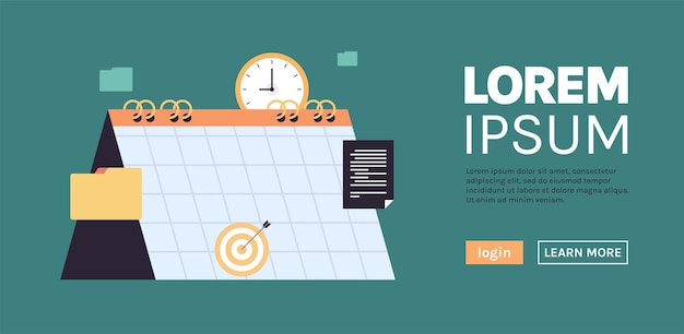 Gestión del tiempo y calendario con ilustración de vector plano de página de inicio web