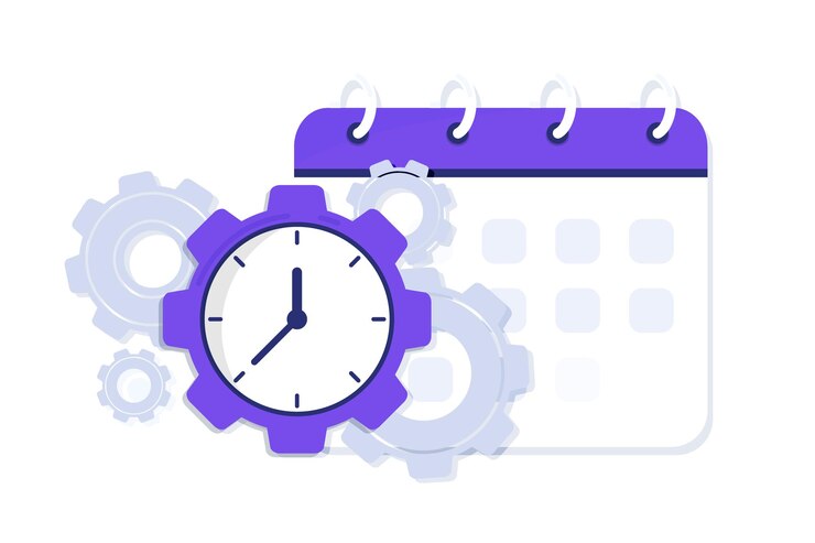 Vector gestión del tiempo. calendario y reloj como concepto de planificación eficaz del tiempo para una mayor productividad. jornada eficiente. organización del flujo de trabajo. respeto a los plazos, multitarea. gestión eficaz del tiempo