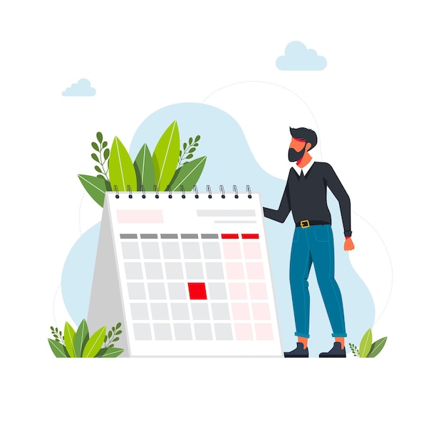 Gestión del tiempo y concepto de fecha límite. El empresario planea eventos, fechas límite y agenda. Calendario, horario, proceso de organización ilustración vectorial plana. Concepto de gestión del tiempo para banner