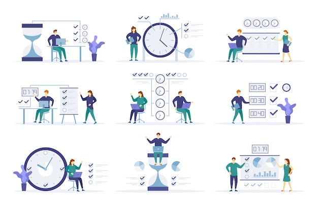 Gestión del tiempo, distribución de la prioridad de las tareas, planificación estratégica, organización del tiempo de trabajo, horario de gestión. Personajes de personas cerca del reloj. Las personas están trabajando en un horario para el proyecto. Vector.
