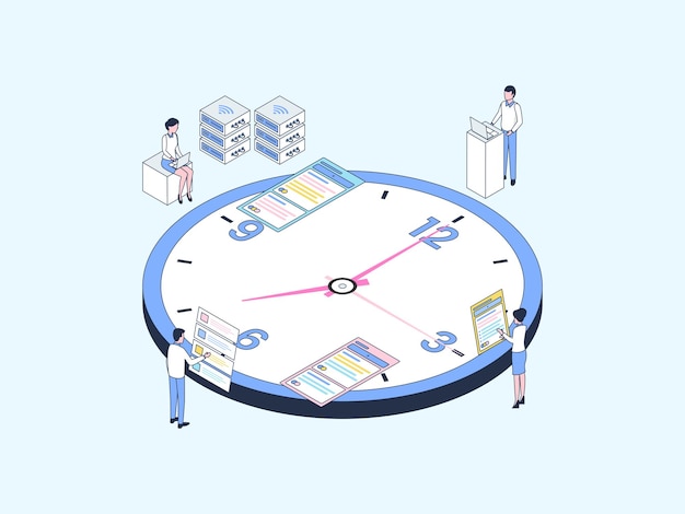Gestión del tiempo empresarial Ilustración isométrica Color lineal. Adecuado para aplicaciones móviles, sitios web, pancartas, diagramas, infografías y otros recursos gráficos.