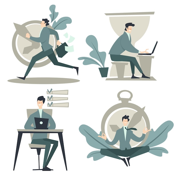 Gestión del tiempo, empresario que trabaja en la oficina, reloj o temporizador y reloj de arena, vector de iconos aislados. Planificación o control, negocio eficiente y exitoso. Hombre con laptop, apresurándose y meditación