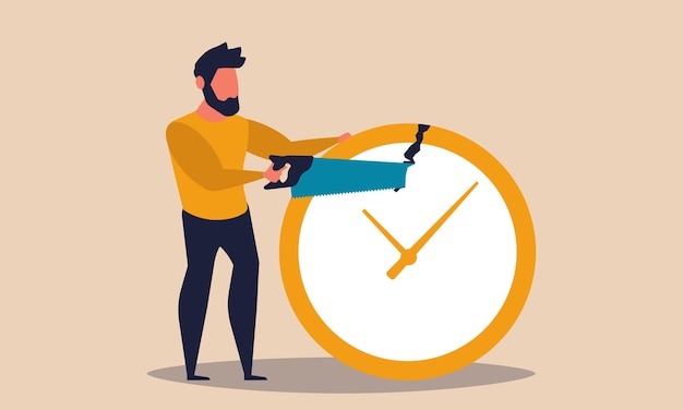 Vector gestión del tiempo un hombre corta un reloj con un concepto de ilustración de vector de sierra