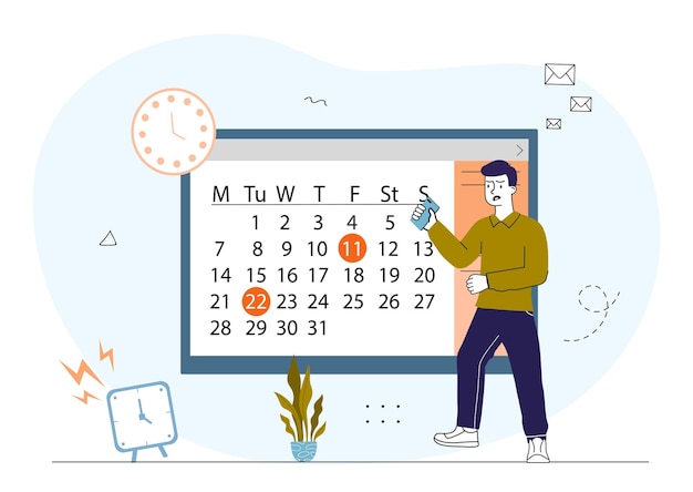 Gestión del tiempo hombre joven cerca del calendario planificación y programación productividad y organización de