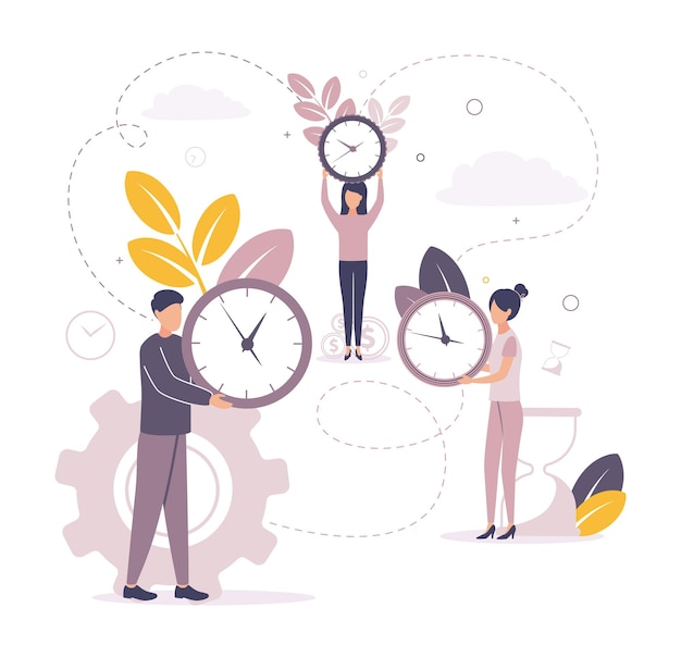 Gestión del tiempo Ilustración de personas sosteniendo un reloj con un dial en el fondo de monedas engranajes relojes de arena hojas Imagen de una mujer y un hombre sosteniendo un reloj en sus manos
