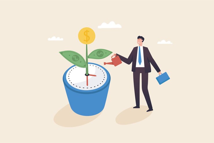 Vector gestión del tiempo para inversiones cortas y largas empresario regando plantas de inversión