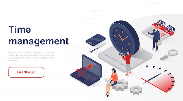 Vector gestión de tiempo de negocios de la página de inicio isométrica