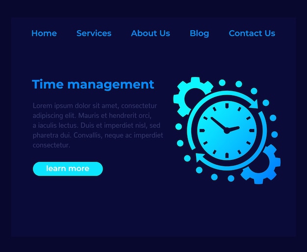 Gestión del tiempo, plantilla de vector de sitio web, página oscura