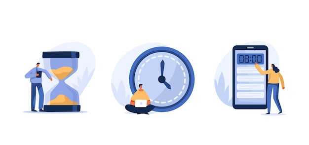 Gestión del tiempo reloj despertador reloj de arena hora digital en teléfonos inteligentes El concepto de tiempo en varias formas ilustración de carácter plano