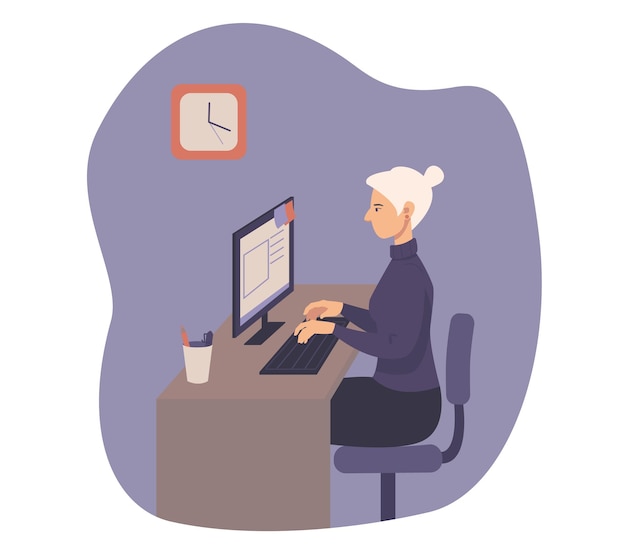 Gestión del tiempo y tareas. Una mujer de negocios segura de pelo gris trabaja en una computadora en casa. Flujo de trabajo de personajes durante el día. Ilustración de vector de estilo plano aislado en blanco