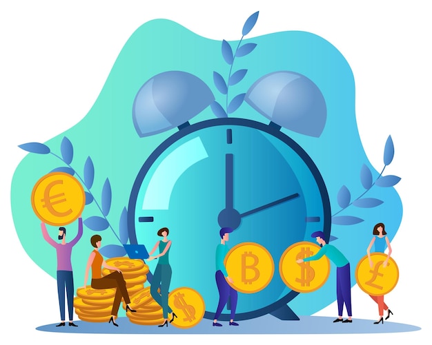 Vector gestión del tiempola gente trabaja con dinero en el fondo del relojilustración vectorial plana