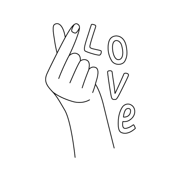 Gesto amor dedos de la mano con texto Icono del corazón del dedo en la ilustración de vector de estilo de línea
