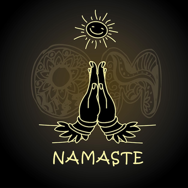 Gesto de bienvenida de las manos del personaje de mujer india en Namaste mudra letra Om en el vector de fondo
