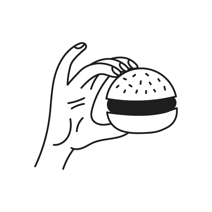 Vector gesto de burger doodle con la mano en línea con comida rápida