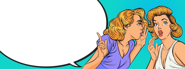 Gesto de chismes cara de mujer sorprendida con la boca abierta estilo cómic retro pop art