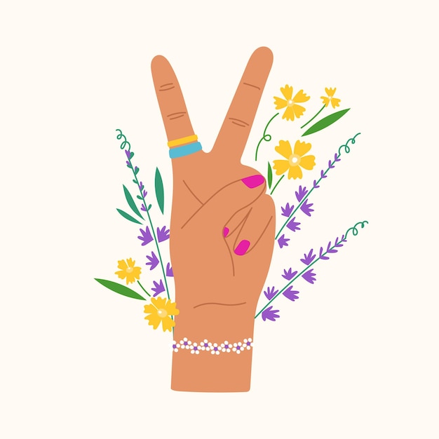 Vector gesto dibujado a mano con flores y hojas mano de moda que muestra el signo de la paz y lavanda