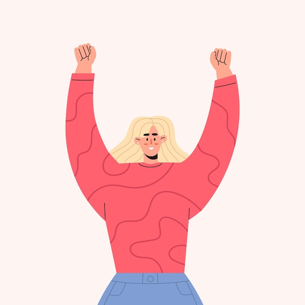 Gesto ganador de una mujer feliz y segura