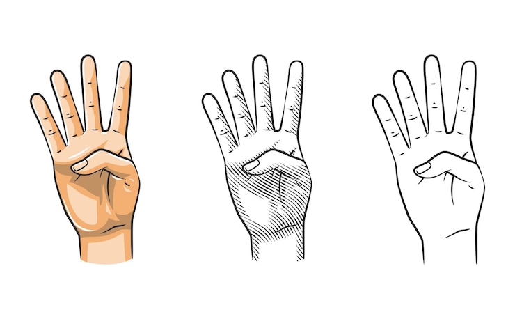 Vector gesto de la mano número cuatro arte de línea sombreado de color