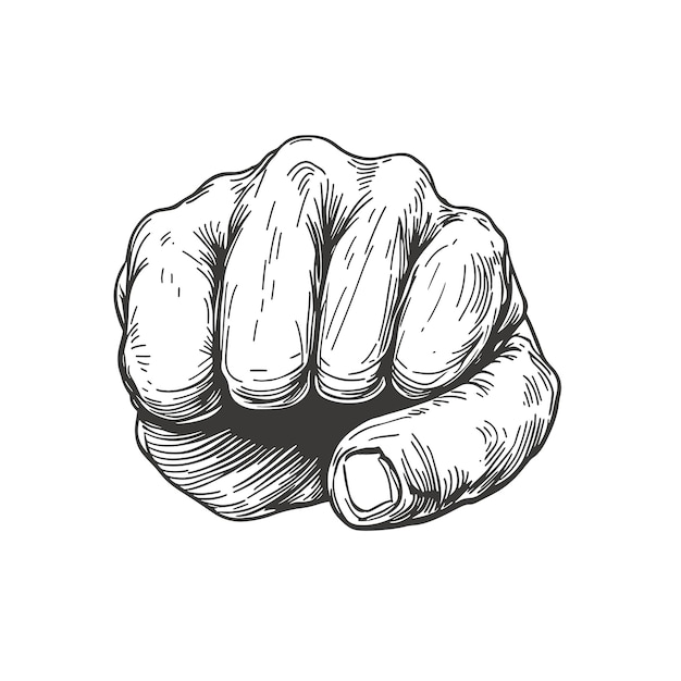 Gesto de la mano Puño Ilustración vectorial de estilo grabado Estilo vintage lineal Rayos solares de fondo plantilla para sus obras de diseño