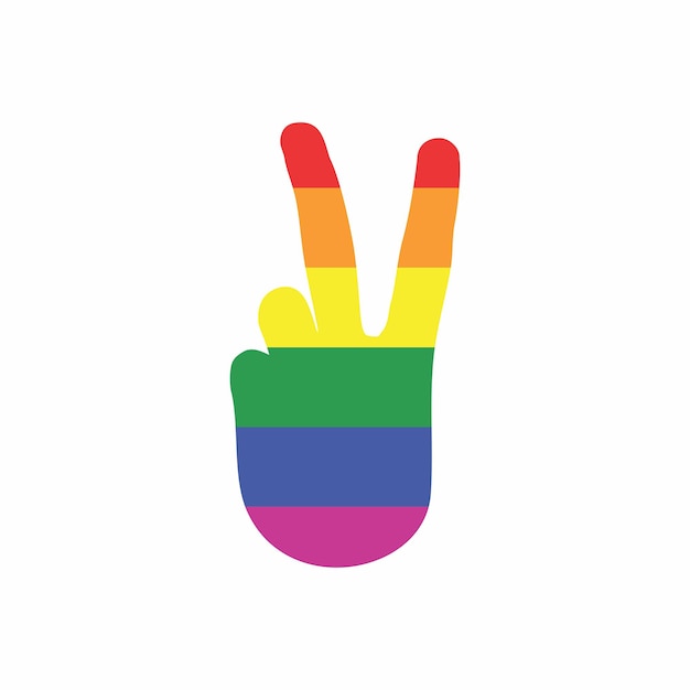 Gesto de la mano del signo de la paz del arco iris coloreado en la bandera LGBT