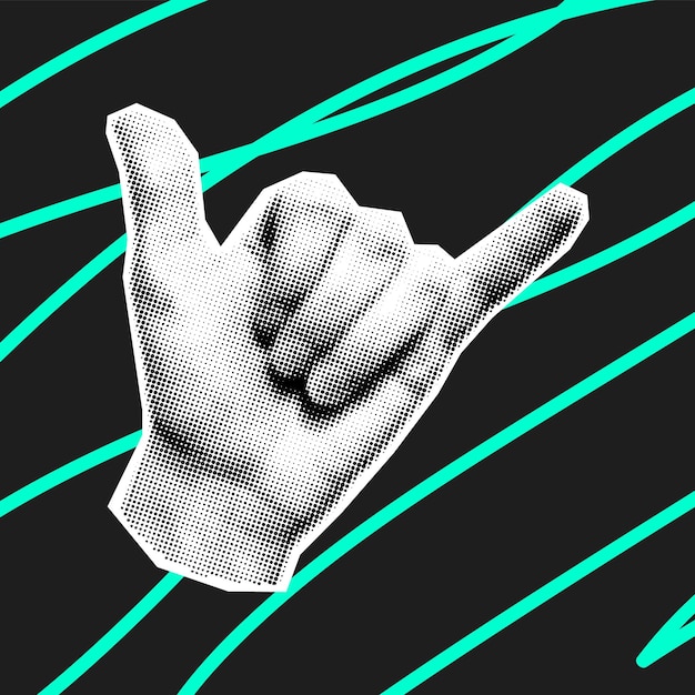 Gesto de la mano sobre fondo oscuro en estilo moderno de medios tonos Papel de collage moderno cortado con la mano